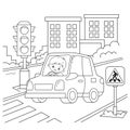 Coloring Page Outline Of cartoon car with driver on road. Traffic light. Image transport or vehicle for children. Coloring book Royalty Free Stock Photo