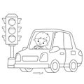 Coloring Page Outline Of cartoon car with driver on road. Traffic light. Image transport or vehicle for children. Coloring book Royalty Free Stock Photo