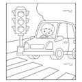 Coloring Page Outline Of cartoon car with driver on road. Traffic light. Image transport or vehicle for children. Coloring book Royalty Free Stock Photo