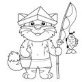 Coloring Page Outline of cartoon cat with fishing rod. Cheerful fisher or fisherman with fish. Coloring Book for kids