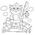 Coloring Page Outline of cartoon cat with fishing rod. Cheerful fisher or fisherman with fish. Coloring Book for kids