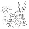 Coloring Page Outline Of cartoon cheerful frog on pond. Summer. Coloring Book for kids