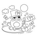 Coloring Page Outline Of cartoon cheerful frog on pond among the water lilies. Coloring Book for kids