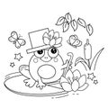 Coloring Page Outline Of cartoon cheerful frog on pond among the water lilies. Coloring Book for kids