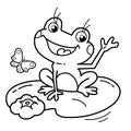 Coloring Page Outline Of cartoon cheerful frog on water lily with butterfly. Coloring Book for kids