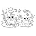 Coloring Page Outline Of cartoon cheerful frogs on pond among the water lilies. Coloring Book for kids