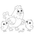 Coloring Page Outline of cartoon chicken or hen with chicks. Farm animals. Coloring book for kids