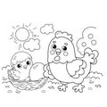 Coloring Page Outline of cartoon chicken or hen with newborn chick. Nest with egg. Coloring book for kids Royalty Free Stock Photo