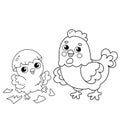 Coloring Page Outline of cartoon chicken or hen with newborn chick. Nestling with egg. Coloring book for kids Royalty Free Stock Photo