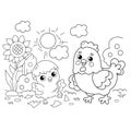 Coloring Page Outline of cartoon chicken or hen with newborn chick. Nestling with egg. Coloring book for kids