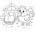 Coloring Page Outline of cartoon chicken with nest with eggs. Farm. Coloring book for kids