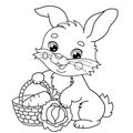 Coloring Page Outline Of cartoon cute bunny or rabbit with a basket with carrot and cabbage. Coloring Book for kids