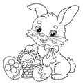 Coloring Page Outline Of cartoon cute Easter bunny with a basket of eggs and sweets. Coloring Book for kids