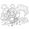 Coloring Page Outline Of cartoon cute girl with basket walking through the forest. Little red riding hood. Fairy tale. Fabulous Royalty Free Stock Photo