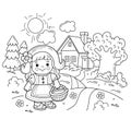 Coloring Page Outline Of cartoon cute girl with basket walking home along the path. Little red riding hood. Fairy tale. Fabulous Royalty Free Stock Photo