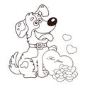 Coloring Page Outline Of cartoon dog with flowers and heart. Greeting card. Birthday. Valentine`s day. Coloring book for kids