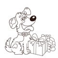 Coloring Page Outline Of cartoon dog with gift and flowers. Greeting card. Birthday. Valentine`s day. Coloring book for kids