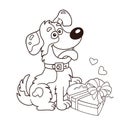 Coloring Page Outline Of cartoon dog with gift. Greeting card. Birthday. Valentine`s day. Coloring book for kids