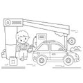 Coloring Page Outline Of cartoon driver with car on petrol station. Images transport or vehicle for children. Coloring book for