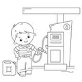 Coloring Page Outline Of cartoon driver with car on petrol station. Images transport or vehicle for children. Coloring book for