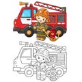 Coloring Page Outline Of cartoon fire truck with fireman or firefighter. Fire fighting. Professional transport. Coloring Book for