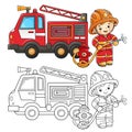 Coloring Page Outline Of cartoon fire truck with fireman or firefighter. Fire fighting. Professional transport. Coloring Book for