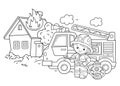 Coloring Page Outline Of cartoon fire truck with fireman or firefighter. Fire fighting. Professional transport. Coloring Book for