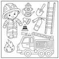 Coloring Page Outline Of cartoon fire truck with fireman or firefighter. Profession. Fire extinguishing tools. Coloring Book for Royalty Free Stock Photo