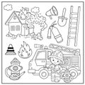 Coloring Page Outline Of cartoon fire truck with fireman or firefighter. Profession. Fire extinguishing tools. Coloring Book for Royalty Free Stock Photo