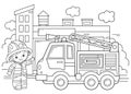 Coloring Page Outline Of cartoon fire truck with fireman or firefighter. Professional transport. Coloring Book for kids