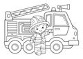 Coloring Page Outline Of cartoon fire truck with fireman or firefighter. Professional transport. Coloring Book for kids