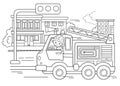 Coloring Page Outline Of cartoon fire truck with fireman or firefighter. Professional transport. Coloring Book for kids