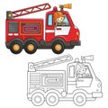 Coloring Page Outline Of cartoon fire truck with fireman or firefighter. Professional transport. Coloring Book for kids