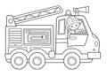 Coloring Page Outline Of cartoon fire truck with fireman or firefighter. Professional transport. Coloring Book for kids