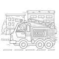 Coloring Page Outline Of cartoon fire truck with fireman or firefighter. Professional transport. Coloring Book for kids