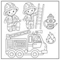 Coloring Page Outline Of cartoon fire truck with firemen or firefighters. Profession. Coloring Book for kids Royalty Free Stock Photo