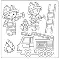 Coloring Page Outline Of cartoon fire truck with firemen or firefighters. Profession. Coloring Book for kids