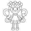 Coloring Page Outline Of cartoon flower fairy with magic wand. Little kind wizard or magician. Fairy tale hero or character.