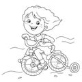 Coloring Page Outline Of a cartoon fun girl on a bicycle or bike. Outdoor games on playground. Summer activity. Coloring book for