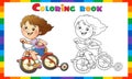 Coloring Page Outline Of a cartoon fun girl on a bicycle or bike. Outdoor games on playground. Summer activity. Coloring book for