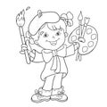 Coloring Page Outline Of cartoon girl artist with paints.