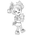 Coloring Page Outline Of cartoon girl with autumn leaves and sprigs of mountain ash. Coloring Book for kids