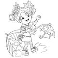 Coloring Page Outline Of cartoon girl with autumn leaves, sprigs of mountain ash and colorful umbrellas. Coloring Book for kids