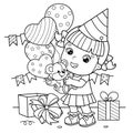 Coloring Page Outline Of a cartoon girl with a balloons and with with a teddy bear at the holiday. Birthday. Coloring book for