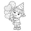 Coloring Page Outline Of a cartoon girl with a balloons and with with a teddy bear at the holiday. Birthday. Coloring book for Royalty Free Stock Photo