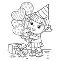 Coloring Page Outline Of a cartoon girl with a balloons and with with a teddy bear at the holiday. Birthday. Coloring book for Royalty Free Stock Photo