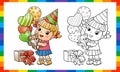 Coloring Page Outline Of a cartoon girl with a balloons and with a teddy bear at the holiday. Birthday. Coloring book for kids Royalty Free Stock Photo