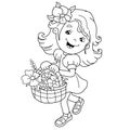 Coloring Page Outline Of cartoon girl with a basket of flowers. Summer activity. Coloring Book for kids