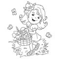 Coloring Page Outline Of cartoon girl with a basket of flowers. Summer activity. Coloring Book for kids