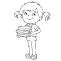 Coloring Page Outline Of cartoon girl with books or textbooks. Little student or schooler. School. Coloring book for kids